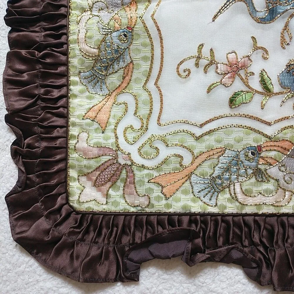 VTG GoldenCloud Pillow Cover Bird Flower Fish Silk Rayon Embroidered Ruffle